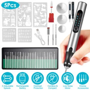 1Set Electric Engraving Pen With 33Pcs Burr Bits 5Pcs Stencils 3 Gears Speed Rechargeable Cordless Professional Engraver Etching Machine For Jewelry Glass Stone Metal Wood - Image 1