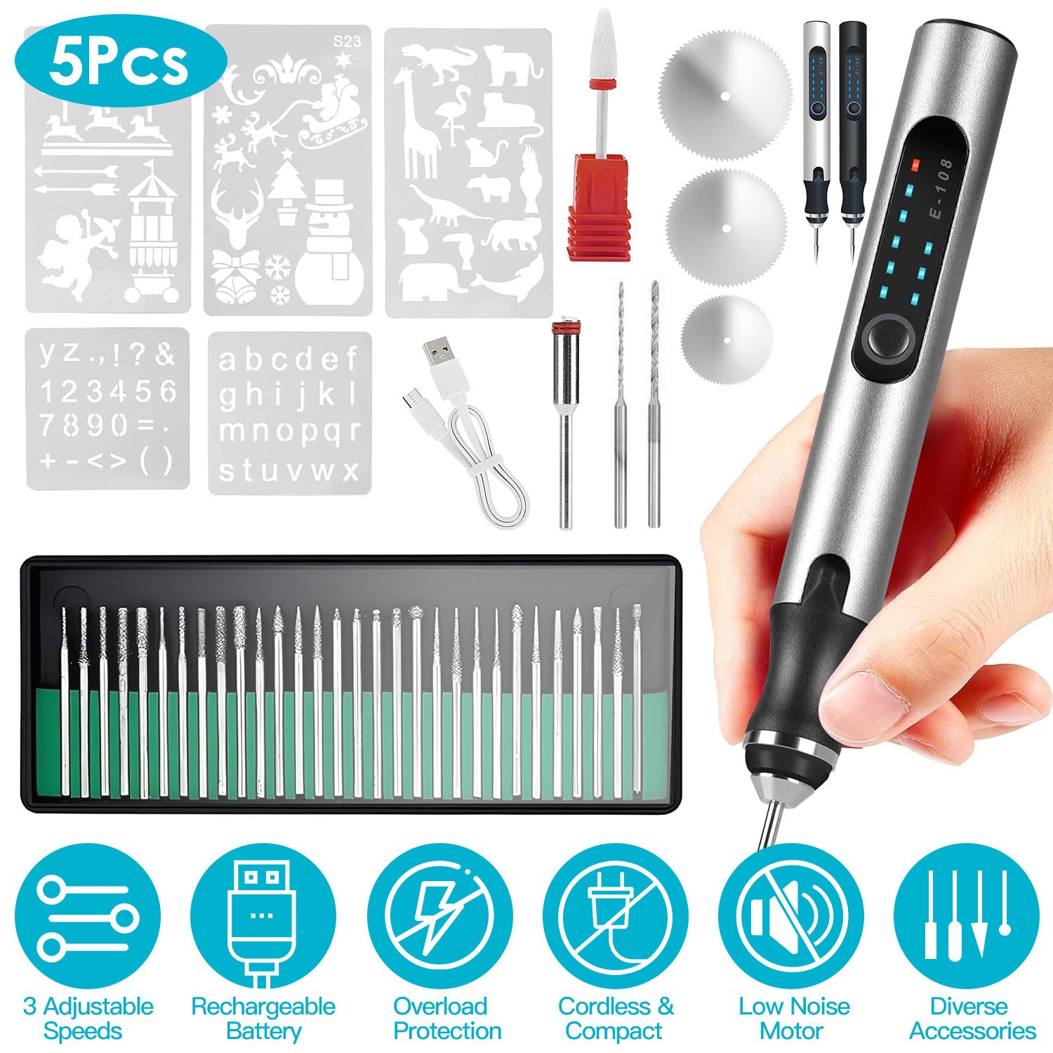 1Set Electric Engraving Pen With 33Pcs Burr Bits 5Pcs Stencils 3 Gears Speed Rechargeable Cordless Professional Engraver Etching Machine For Jewelry Glass Stone Metal Wood - Image 1