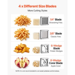 French Fry Cutter, Commercial Vegetable Chopper With 4 Blades (1/4", 3/8", 6-Wedge & Apple Corer), Stainless Steel Potato Slicer For Fries, Onion, Carrots, Lemon – Home & Restaurant Use - Image 5