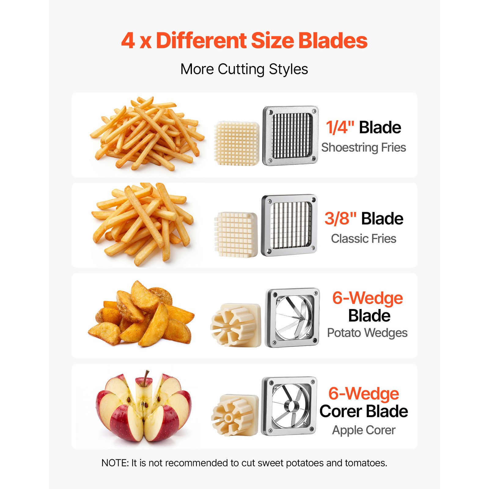 French Fry Cutter, Commercial Vegetable Chopper With 4 Blades (1/4", 3/8", 6-Wedge & Apple Corer), Stainless Steel Potato Slicer For Fries, Onion, Carrots, Lemon – Home & Restaurant Use - Image 5