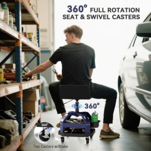 Rolling Creeper Garage Stool, 300 LBS Capacity Mechanic Stool With 360 Degrees Wheels, Tool Tray, Adjustable Height, Blue - Image 8